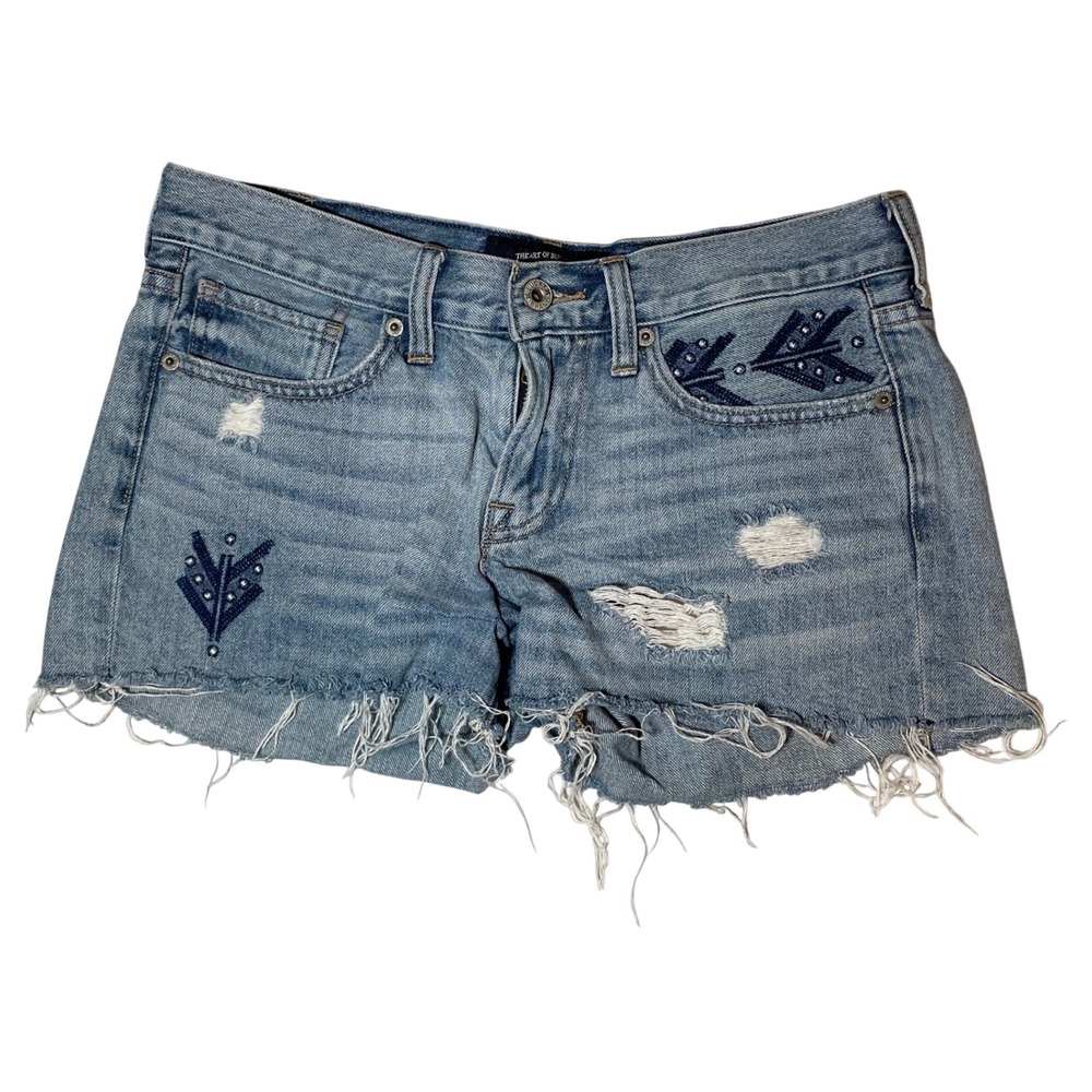Lucky Brand The Cut Off Distressed Embroidered Jean‎ Shorts Light Wash Sz 2 26